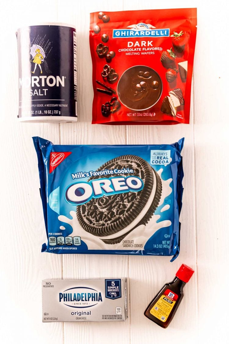 Ingredients to make Peppermint Oreo Balls on a white table.