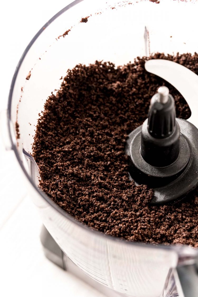 Oreo crumbs in a food processor.