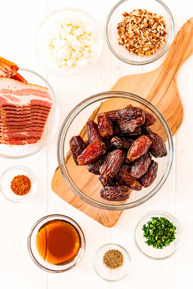 Overhead photo of ingredients to make bacon wrapped dates.