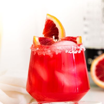 Close up photo of a blood orange margarita.