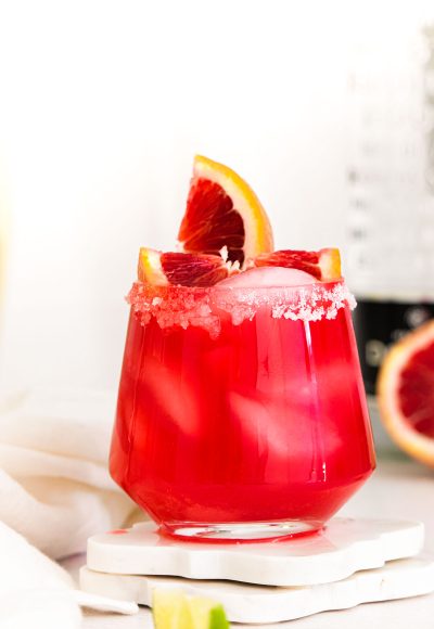 Close up photo of a blood orange margarita.