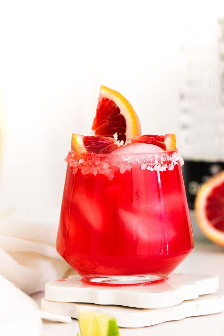 Close up photo of a blood orange margarita.