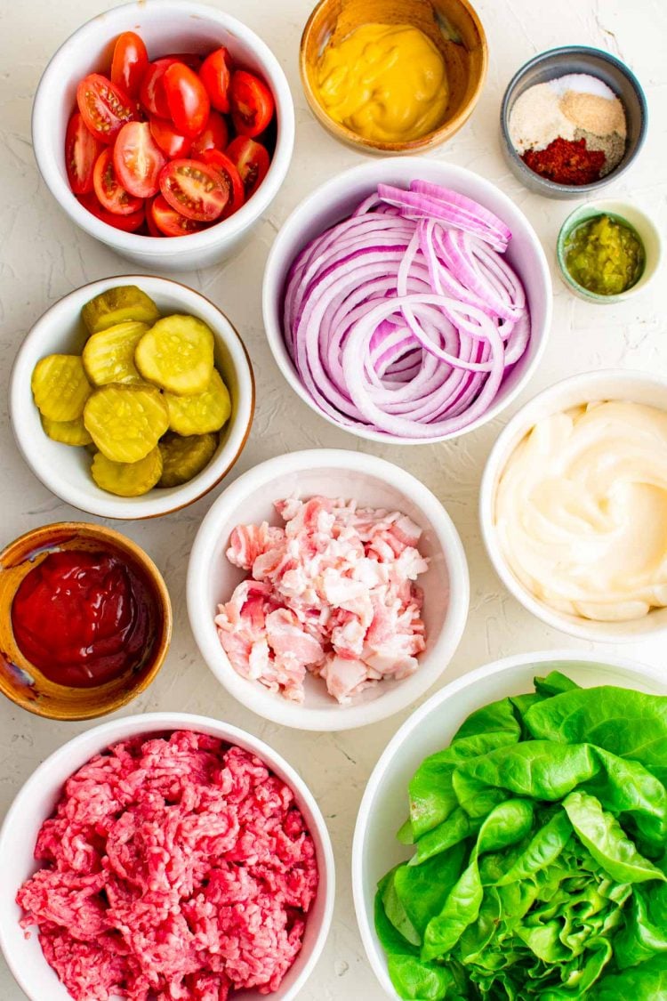Overhead photo of ingredients used to make burger bowls.