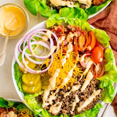 Overhead photo of a burger bowl.