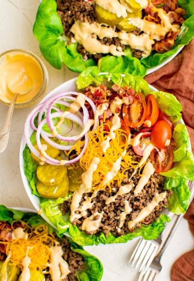 Overhead photo of a burger bowl.