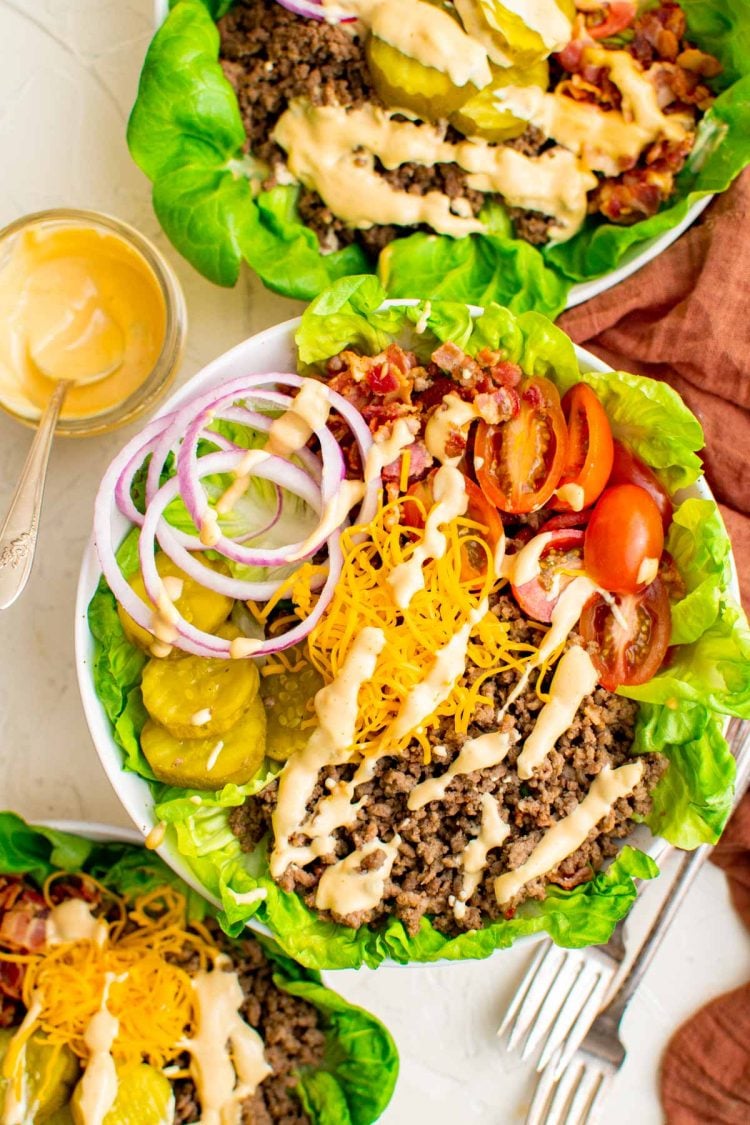 Overhead photo of a burger bowl.