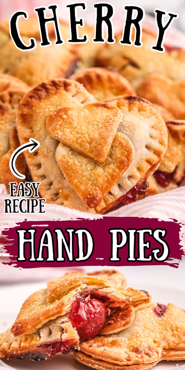 Cherry Hand Pies have a tart cherry filling that’s been sweetened with sugar then tucked inside a heart-shaped crust! These baked handheld desserts showcase a beautiful golden-brown crust with tiny hearts that have been sprinkled with sugar! via @sugarandsoulco