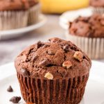 Chocolate Banana Muffins on a white plate.