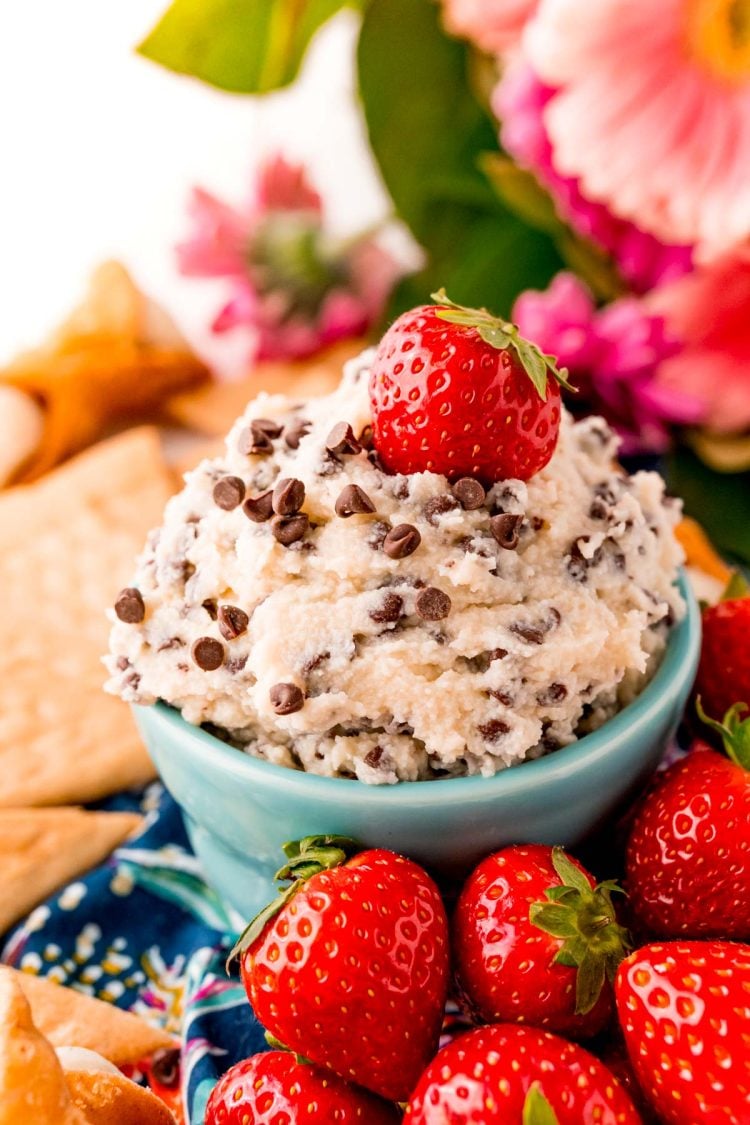 Close up photo of a teal bowl filled with cannoli dip surrounded by crackers and strawberries.