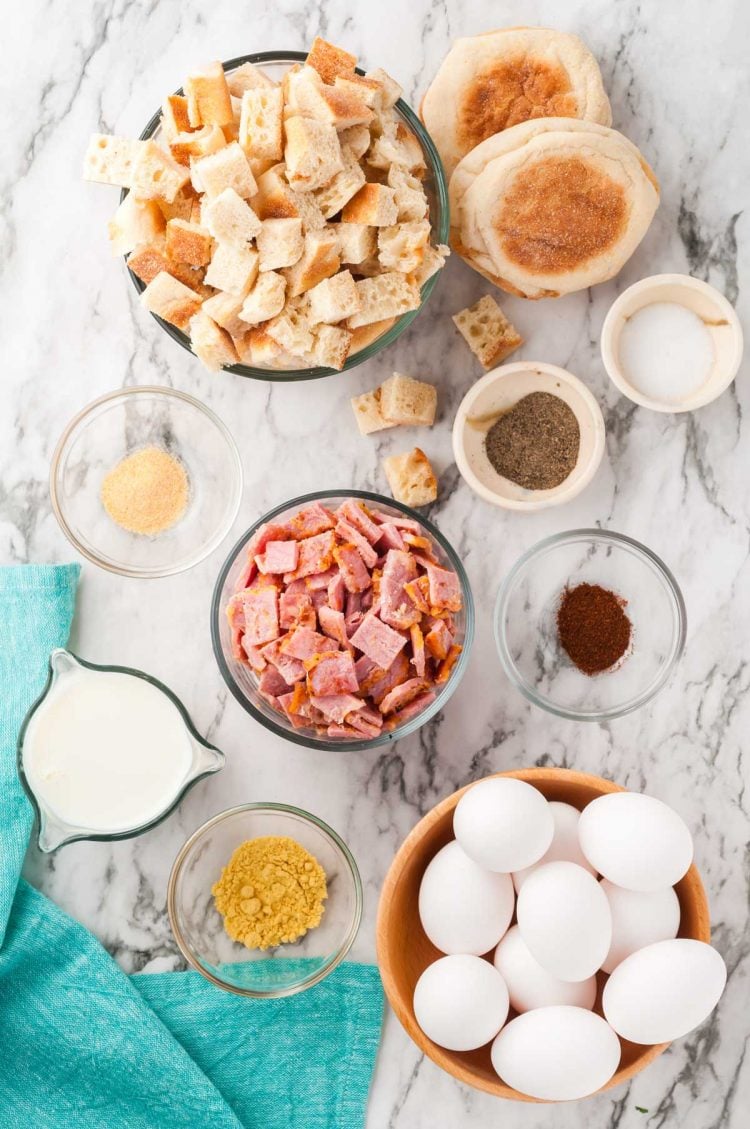 Overhead photo of ingredients to make breakfast casserole.