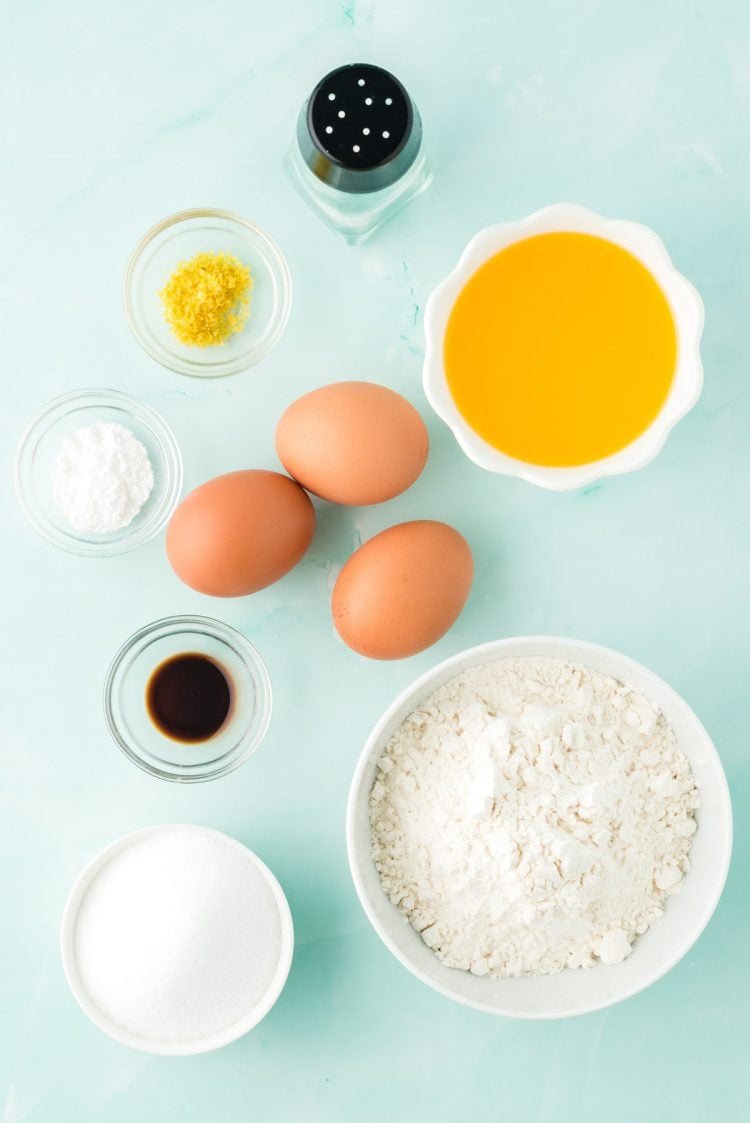 Overhead photo of ingredients prepped to make French madeleines.