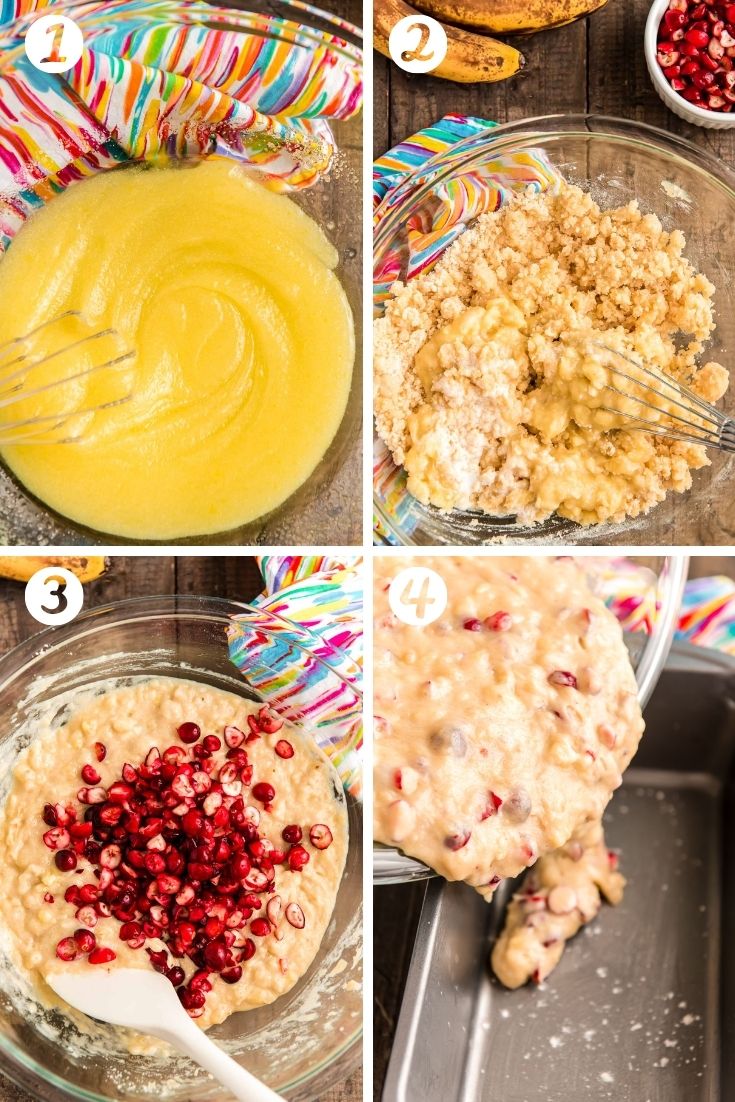 Step by step photos showing how to make cranberry banana bread from scratch.