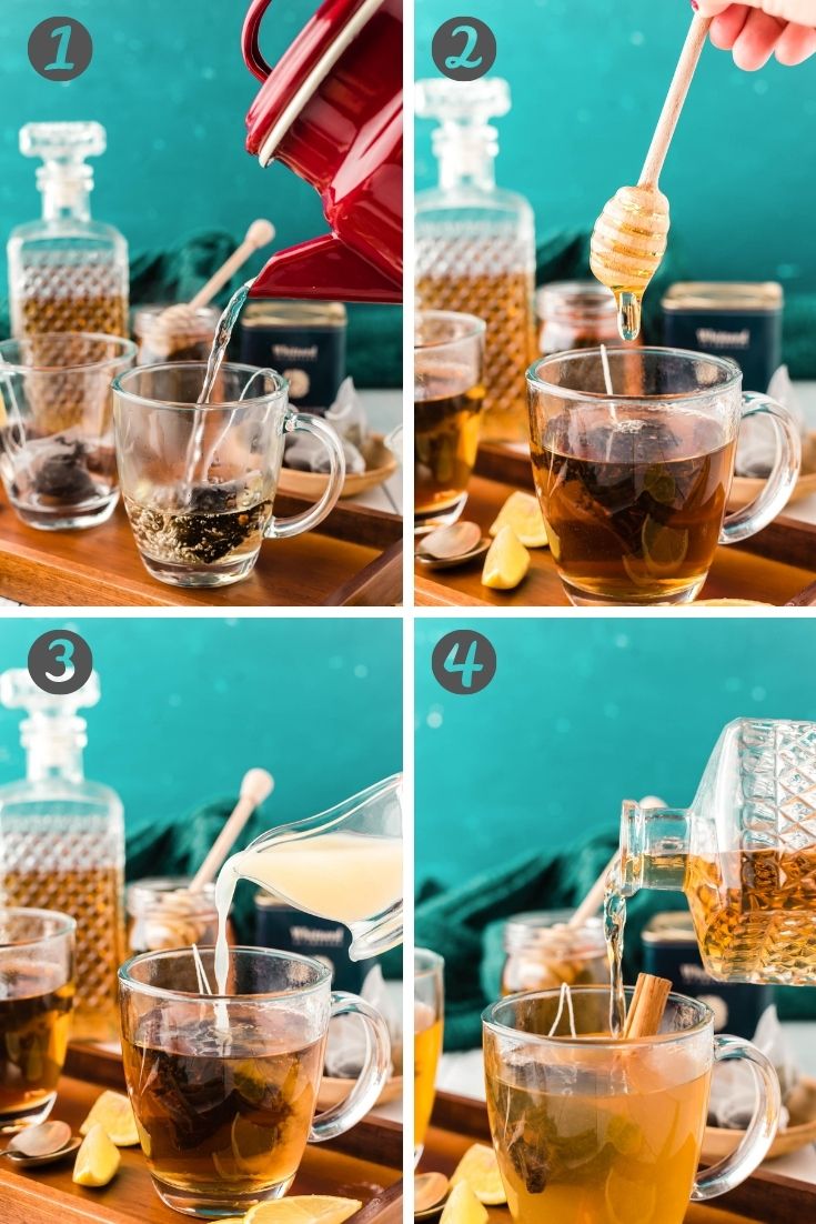 Step by step photo collage showing how to make a hot toddy.