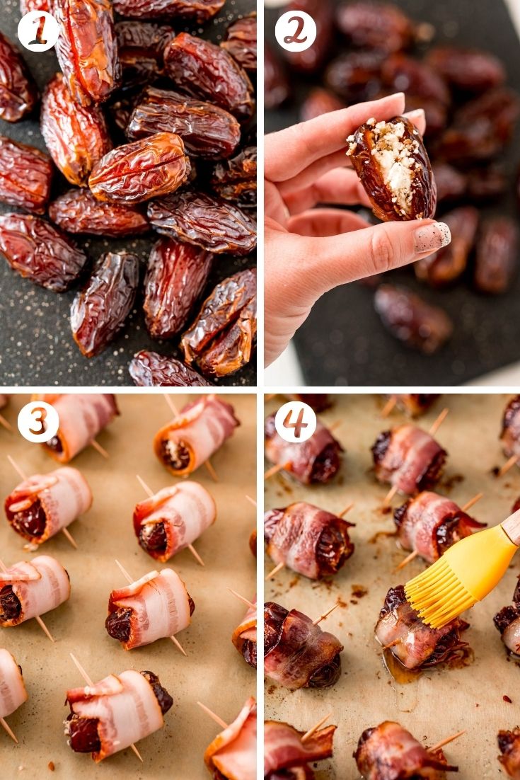 Step by step photos showing how to make bacon wrapped dates.