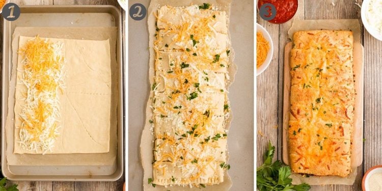 Step-by-step photo collage showing how to make cheesy breadsticks.