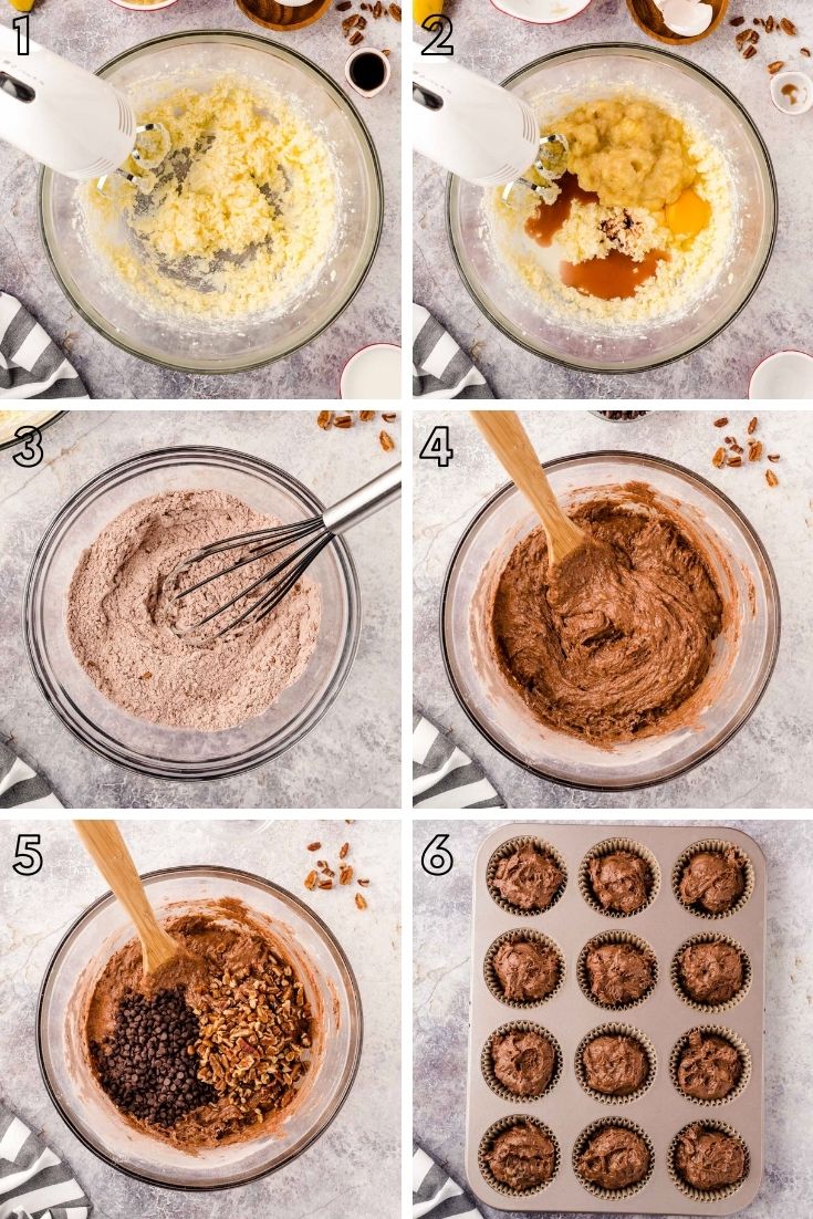 Step by step photo collage showing how to make chocolate banana muffins from scratch.
