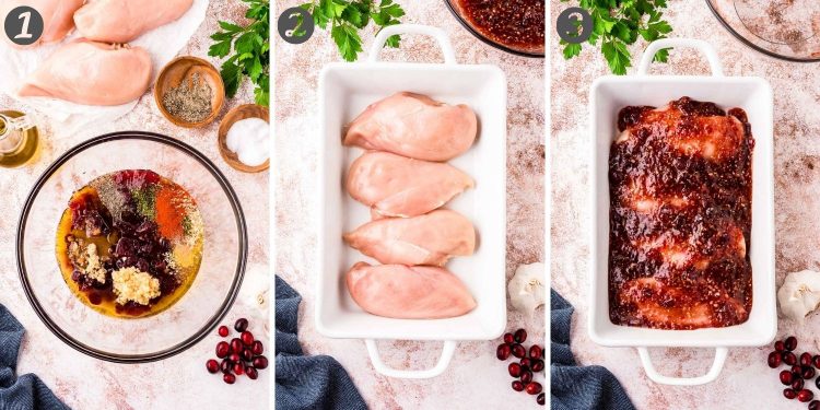 Step-by-step photo collage showing how to make cranberry chicken.