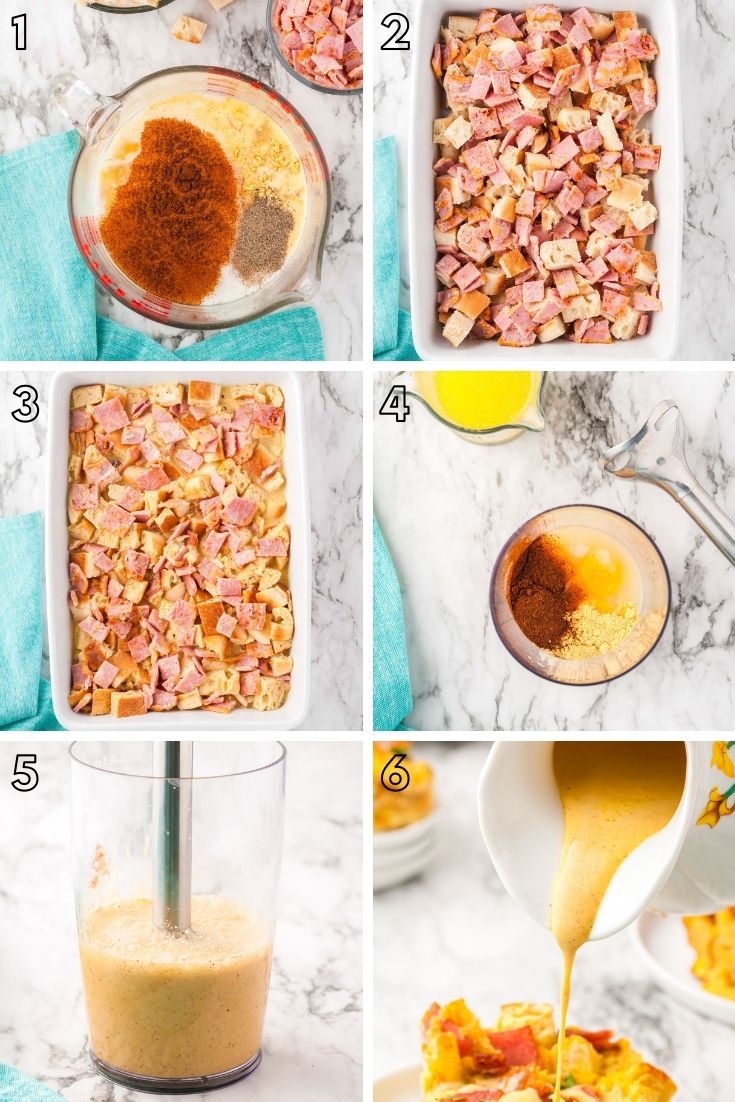 Step-by-step photo collage showing how to make eggs benedict breakfast casserole.