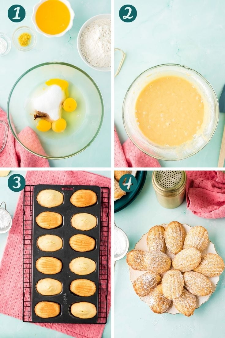 Step by step photo collage showing how to make french madeleines.