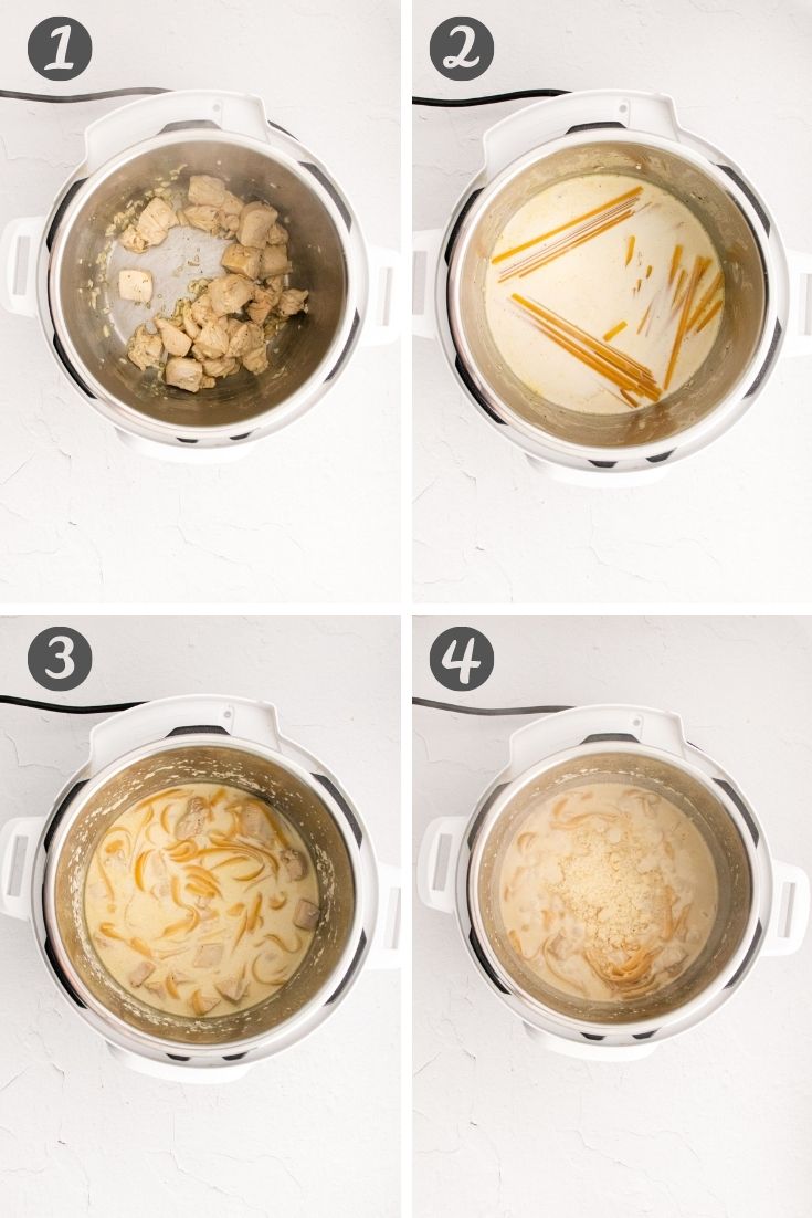 Step-by-step photo collage showing how to make instant pot alfredo.