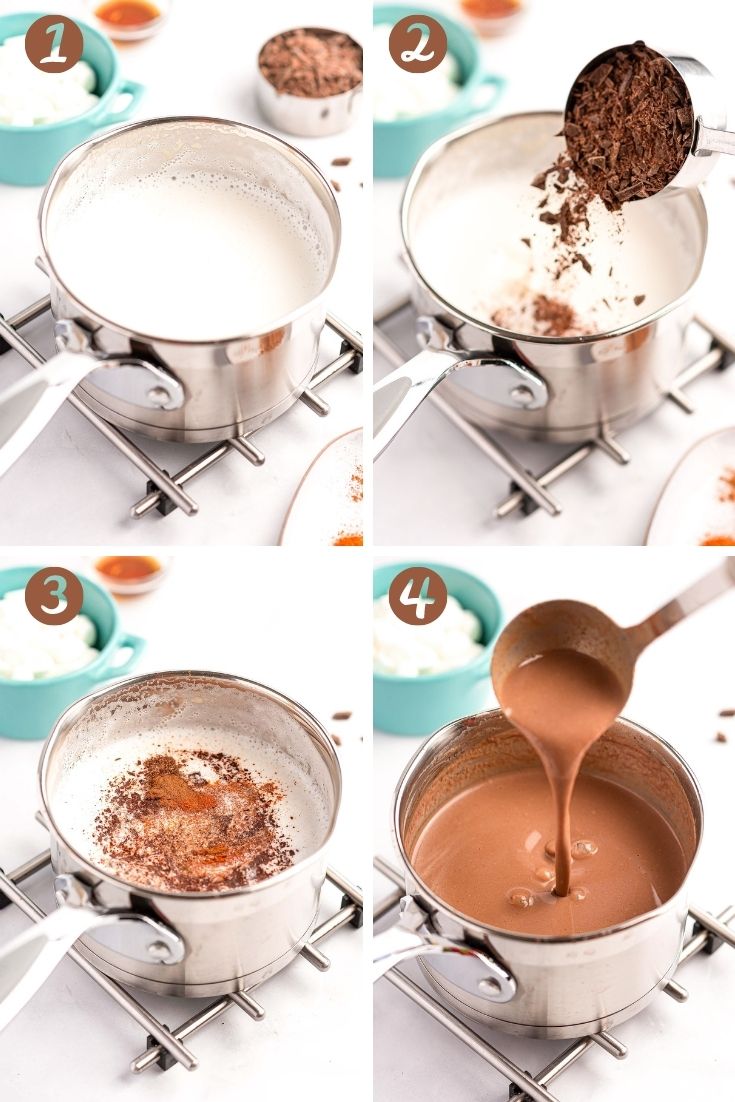 Step by step photo collage showing how to make Mexican hot chocolate.