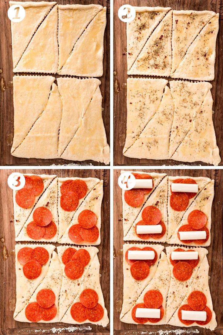 Step-by-step photo showing how to make pizza rolls.