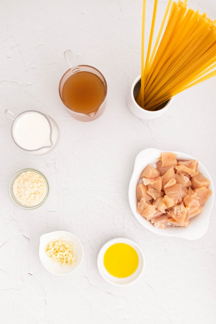 Overhead photo of ingredients used to make instant pot chicken fettucine alfredo.