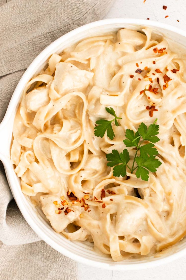 Overhead photo of a bowl on instant pot chicken alfredo.