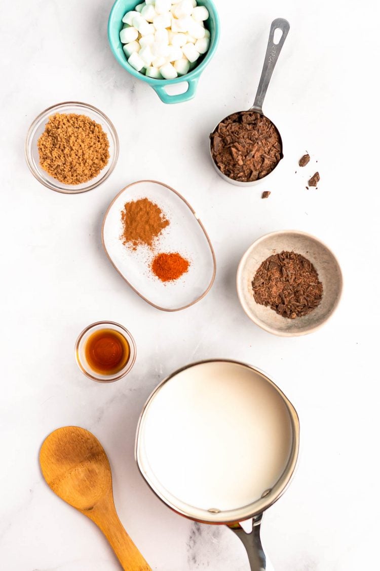 Overhead ingredients photo of hot chocolate ingredients prepped.