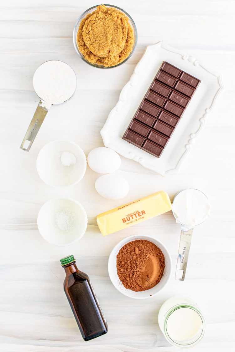 Overhead photo of ingredients used to make chocolate cake.