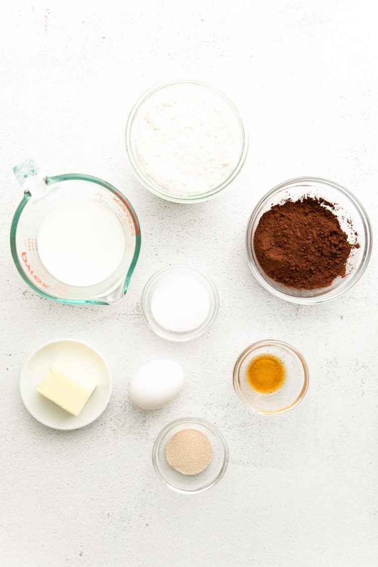 Overhead photo of ingredients to make chocolate donuts.