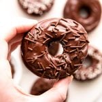 A woman's hand holding a chocolate donut with chocolate frosting.