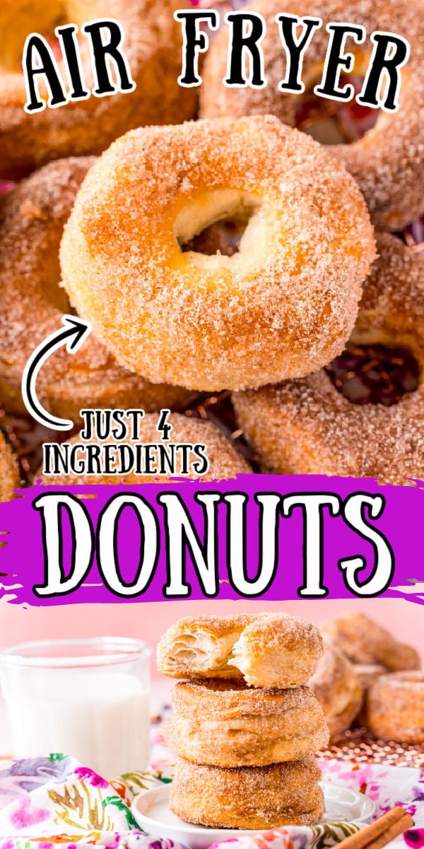 These Air Fryer Donuts are super easy donuts that are ready in just 20 minutes using canned biscuits and then dipped in cinnamon-sugar or topped with a classic sweet glaze! via @sugarandsoulco