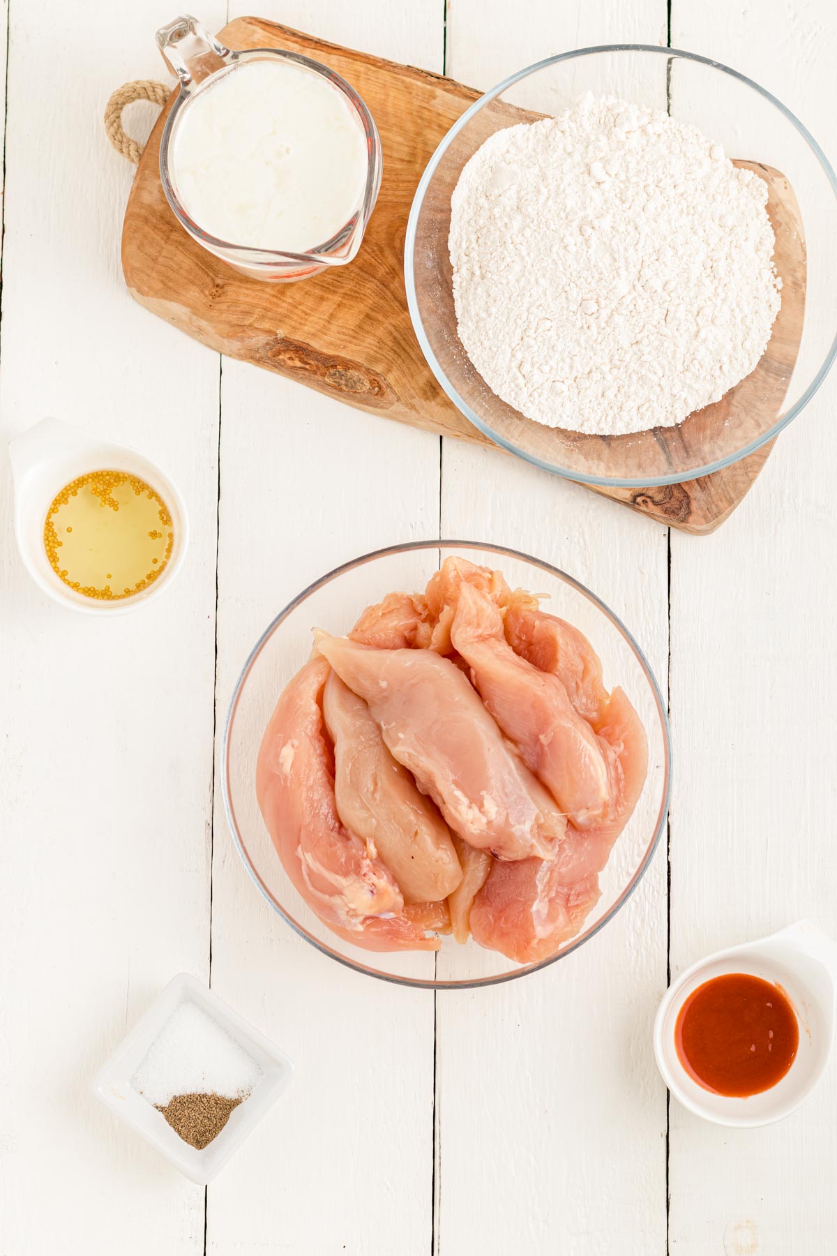 Overhead photo of ingredients prepped to make Nashville hot chicken.