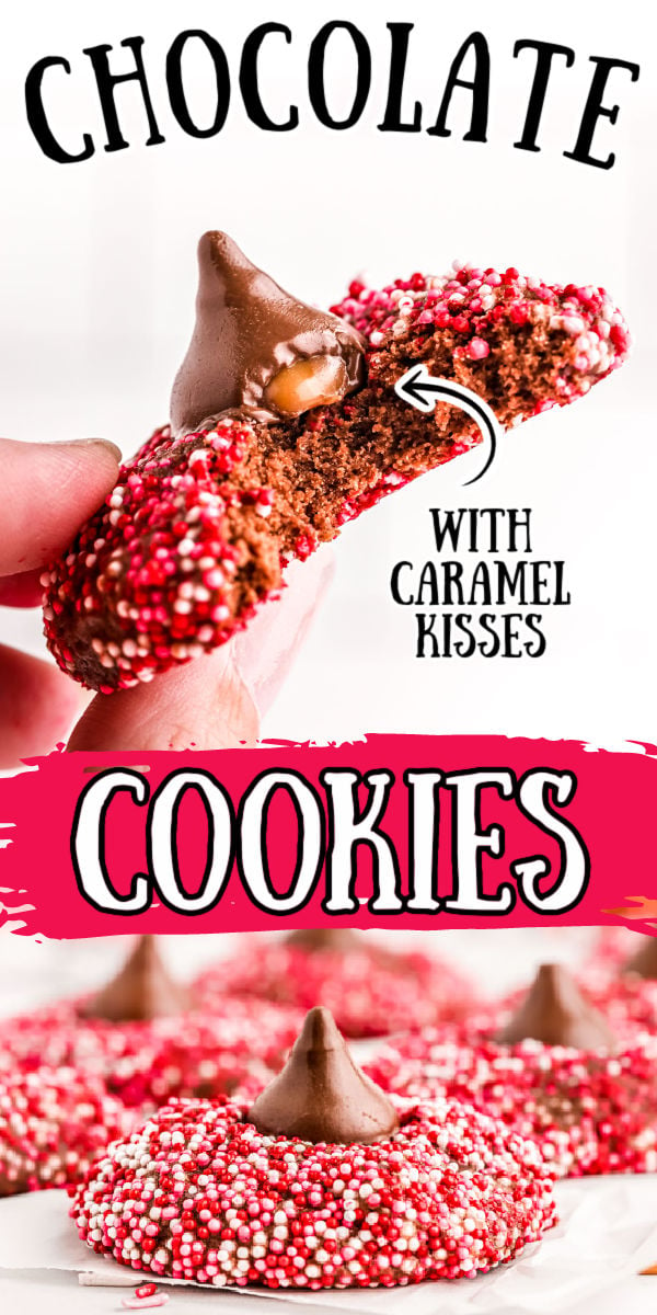 Chocolate Kiss Cookies are chewy homemade chocolate cookies rolled in Valentine sprinkles and topped with a Hershey’s kiss!  via @sugarandsoulco