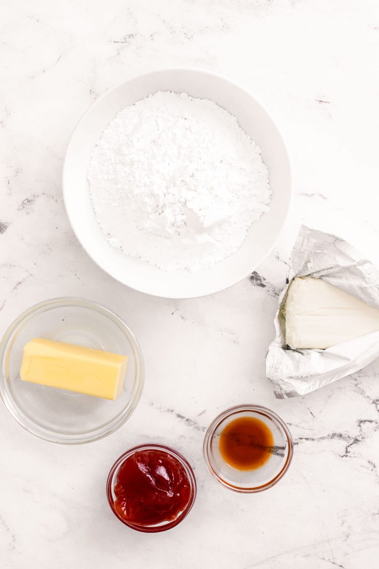 Overhead photo of ingredients to make strawberry frosting.