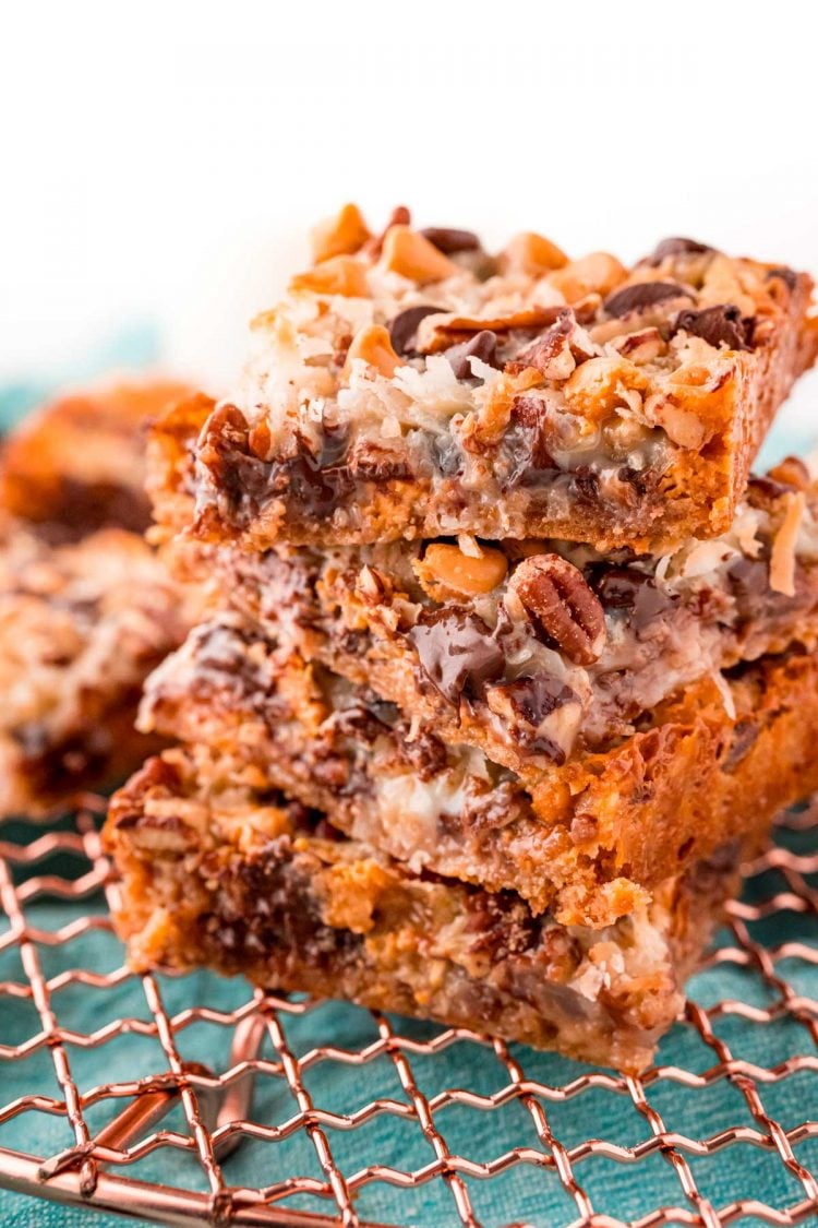 Close up photo of four hello dolly bars stacked on top of each other. 