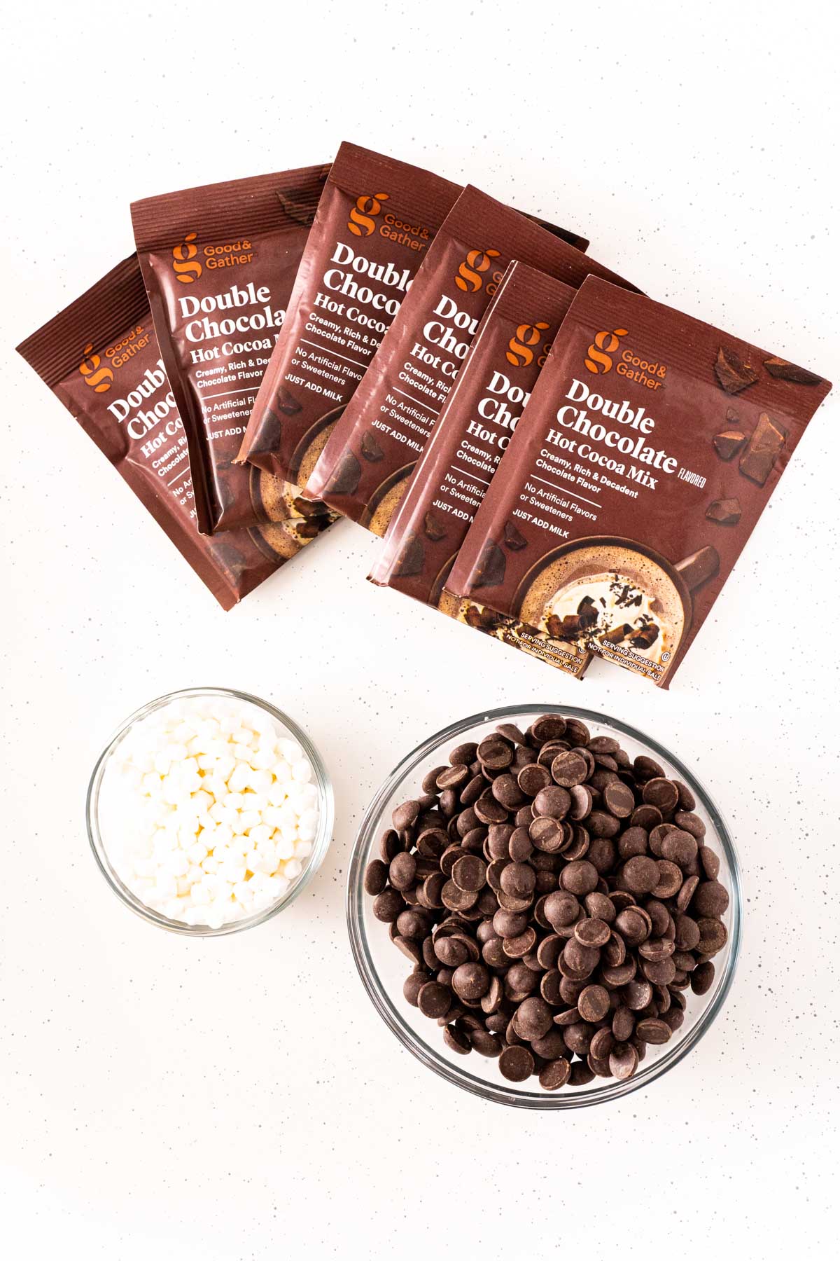 Overhead photo of ingredients to make hot chocolate bombs.