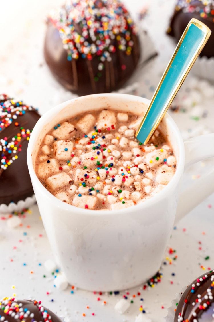 A mug of hot chocolate made with a hot chocolate bomb.