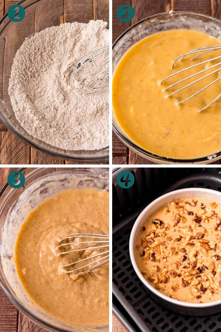 Step-by-step photo collage showing how to make banana bread in an air fryer.