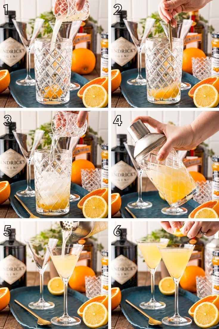 Step-by-step photos showing how to make a breakfast martini in a cocktail shaker.