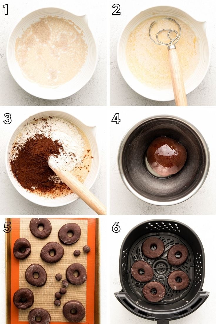 Step-by-step photo collage showing how to make chocolate donuts in the air fryer.