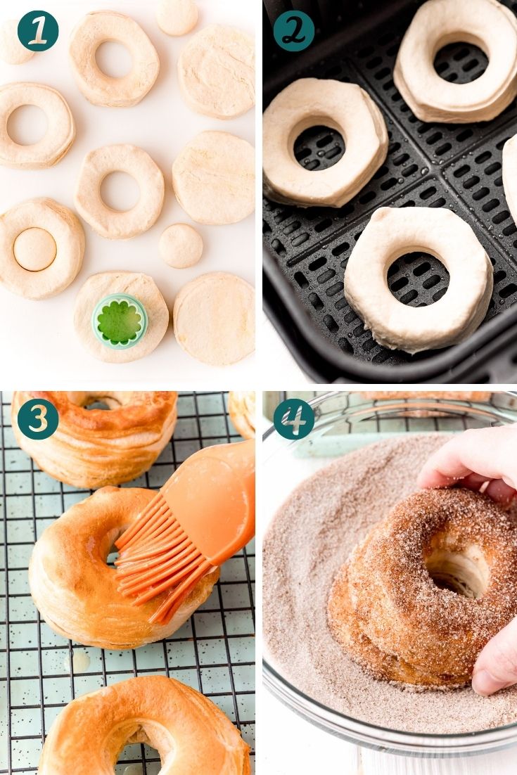 Step by step photo collage showing how to make donuts in the air fryer with biscuits.