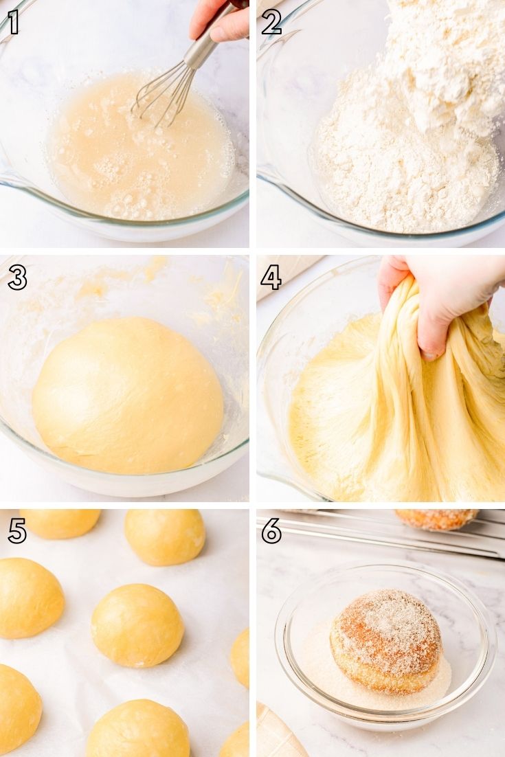 Step-by-step photos showing how to make brioche donuts.