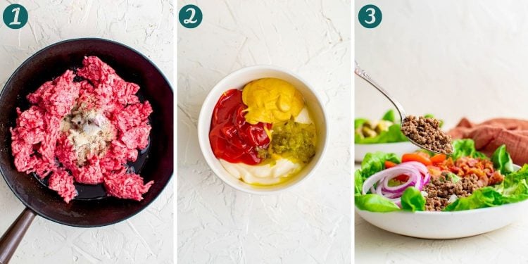 Step-by-step photo collage showing how to make burger bowls.