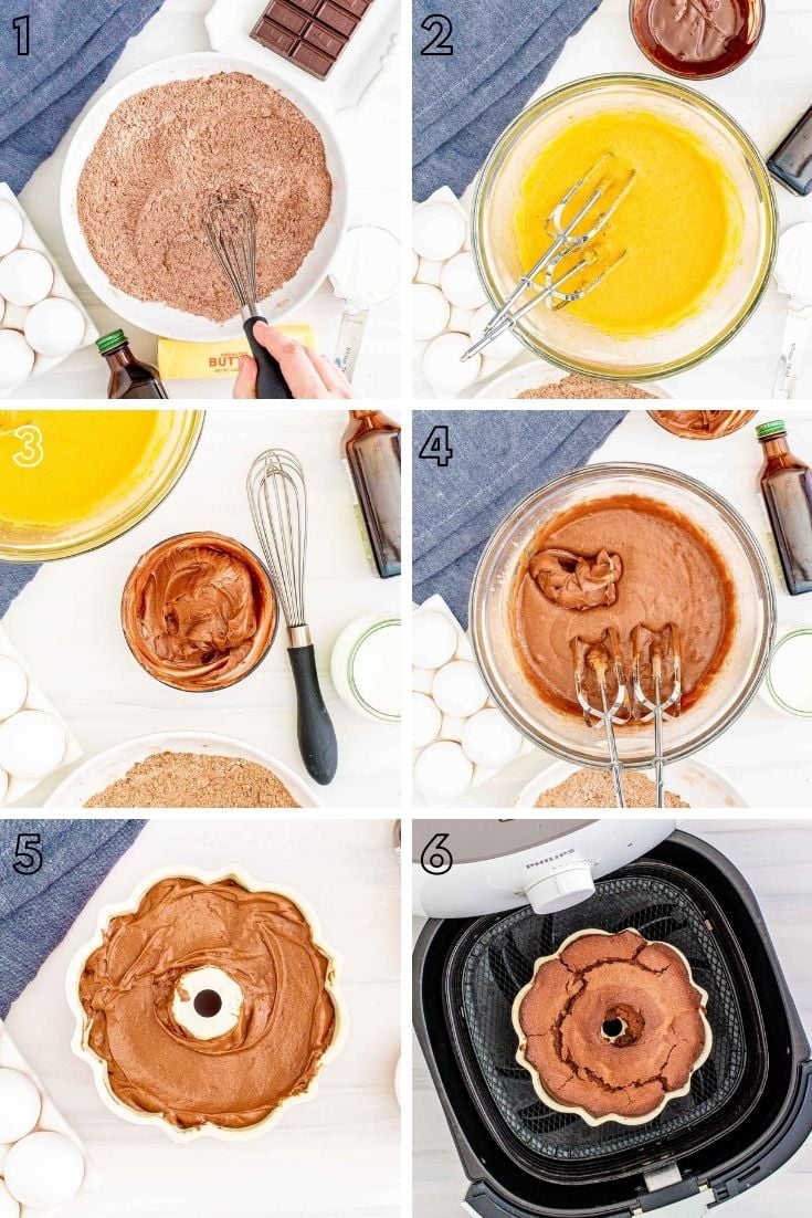 Step-by-step photo collage showing how to make chocolate cake in the air fryer.