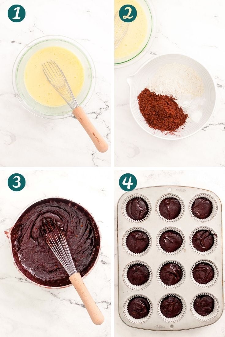 step-by-step photos showing how to make chocolate cupcakes.