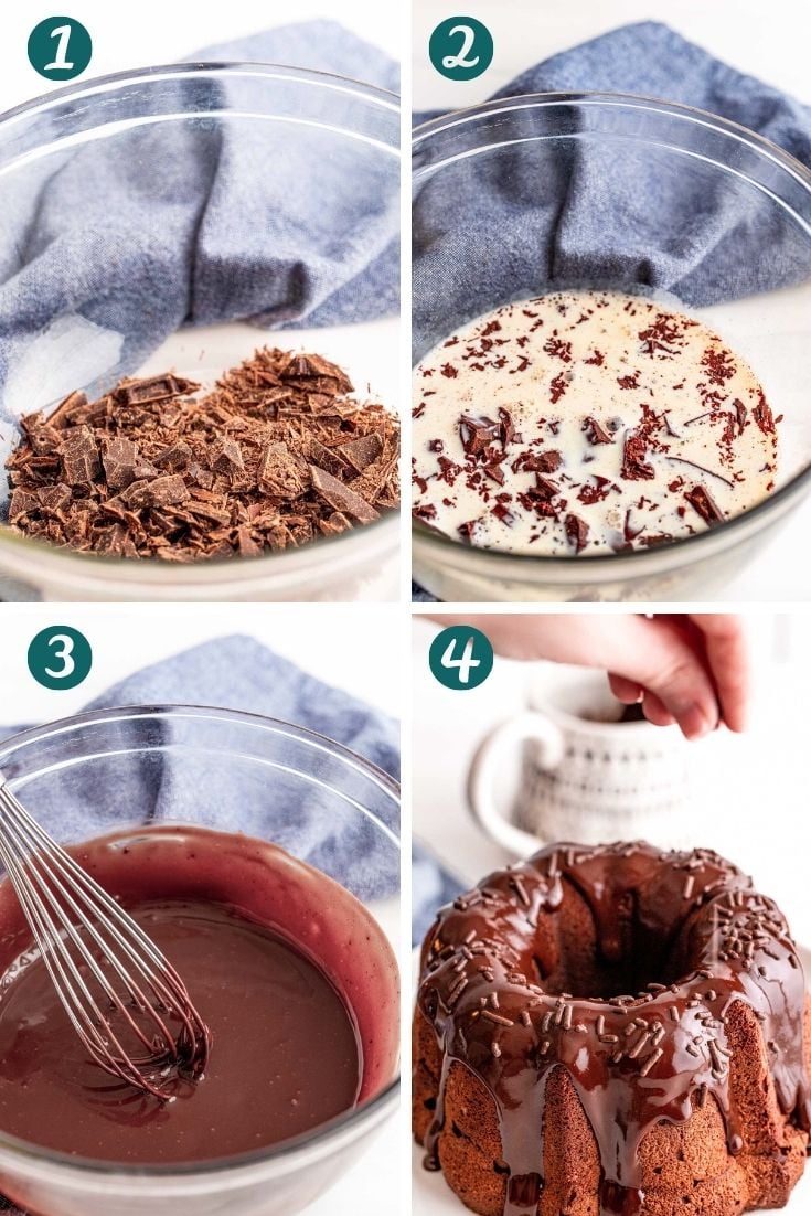 Step-by-step photo collage showing how to make chocolate ganache.