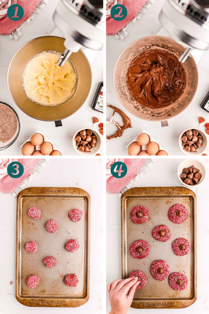 Step-by-step photo collage showing how to make chocolate blossom cookies for valentine's day.