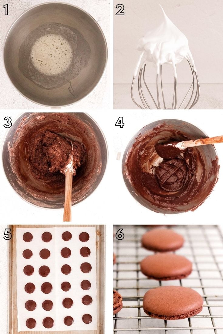 Step-by-step photo collage showing how to make chocolate macaron shells.